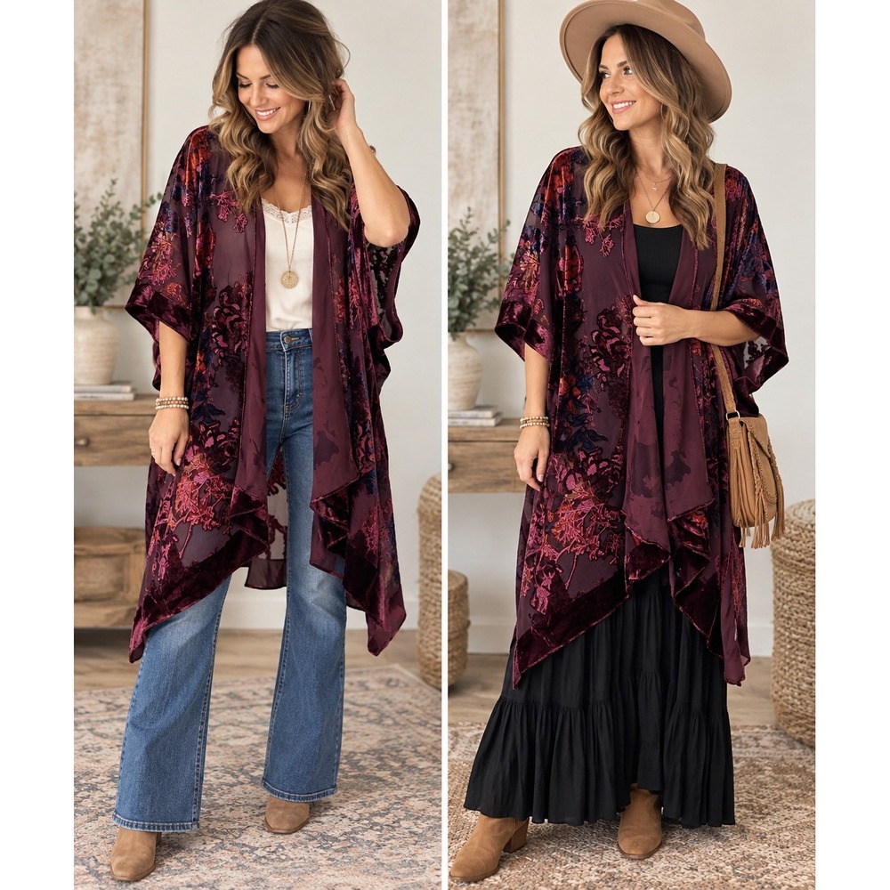 Velvet Burnout Floral Kimono Duster One Size Burgundy Sheer Boho